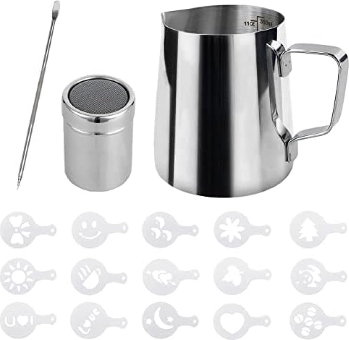 Melkschuimkan 350 ml (12 oz) roestvrijstalen melkkan barista melkkan en latte decoratie kunstpen voor koffie cappuccino opschuimen melk koffiemachine, zilver