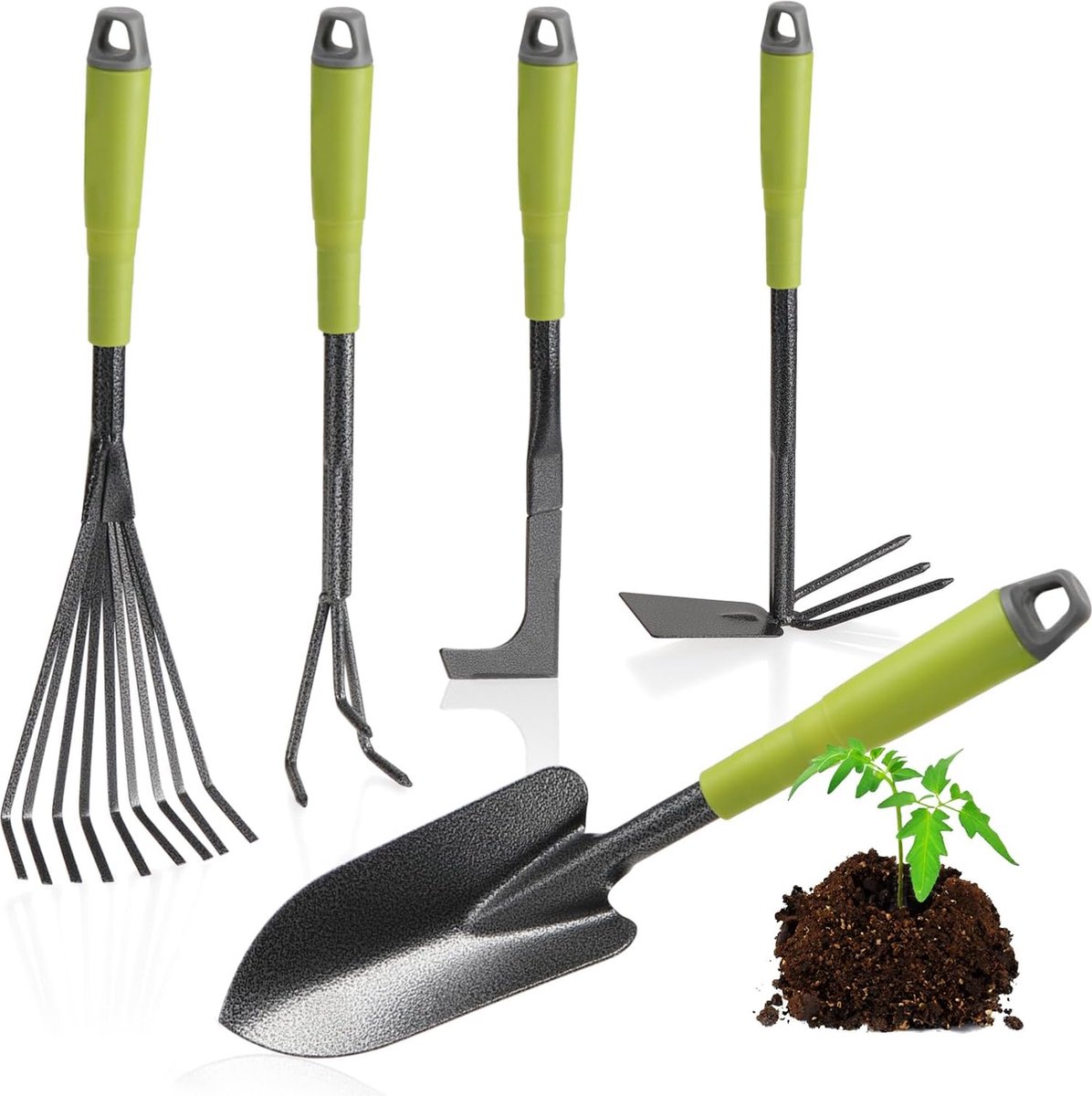 5-delige tuingereedschapset - tuinset met dubbele schoffel, kleine cultivator, voegenschraper, handhark, bloemenschepje - tuingereedschap voor planten en tuinieren (5-delige tuinset)