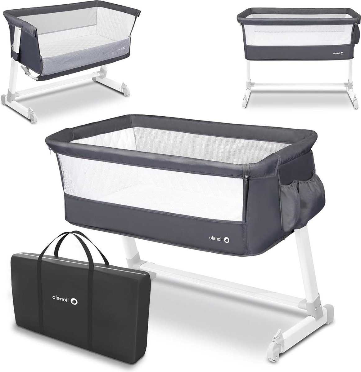 Theo Plus Children's Bed 94 x 58-70 x 67-82 cm for Children up to 9 kg - Height Adjustment - Movable Wheels - Organiser - Mosquito Net - Transport Bag - Co sleeper