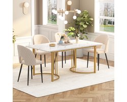 Sweiko 140 x 80cm Eettafel, (1-delig),MDF Desktop, Moderne eettafel, Metalen frame rechthoekige eettafel, moderne marmeren patroon eettafel, met verstelbare voeten, geschikt voor eet- en woonkamer, Wit/Goud(Zonder stoelen)