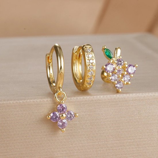 Foto: Twinkle oorbellen set 14k goud vergulde oorbellen paarse kristaldruif 3 stuks