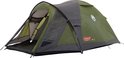 Grijze en groene Coleman Darwin 3+ koepeltent met open tentdeuren, op witte achtergrond.