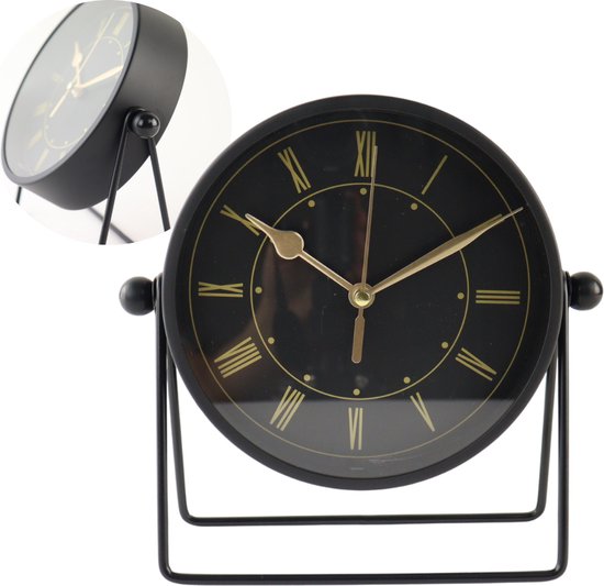 MISOU Tafelklok - Zwart - Metaal - Goude Wijzerplaat - 19cm