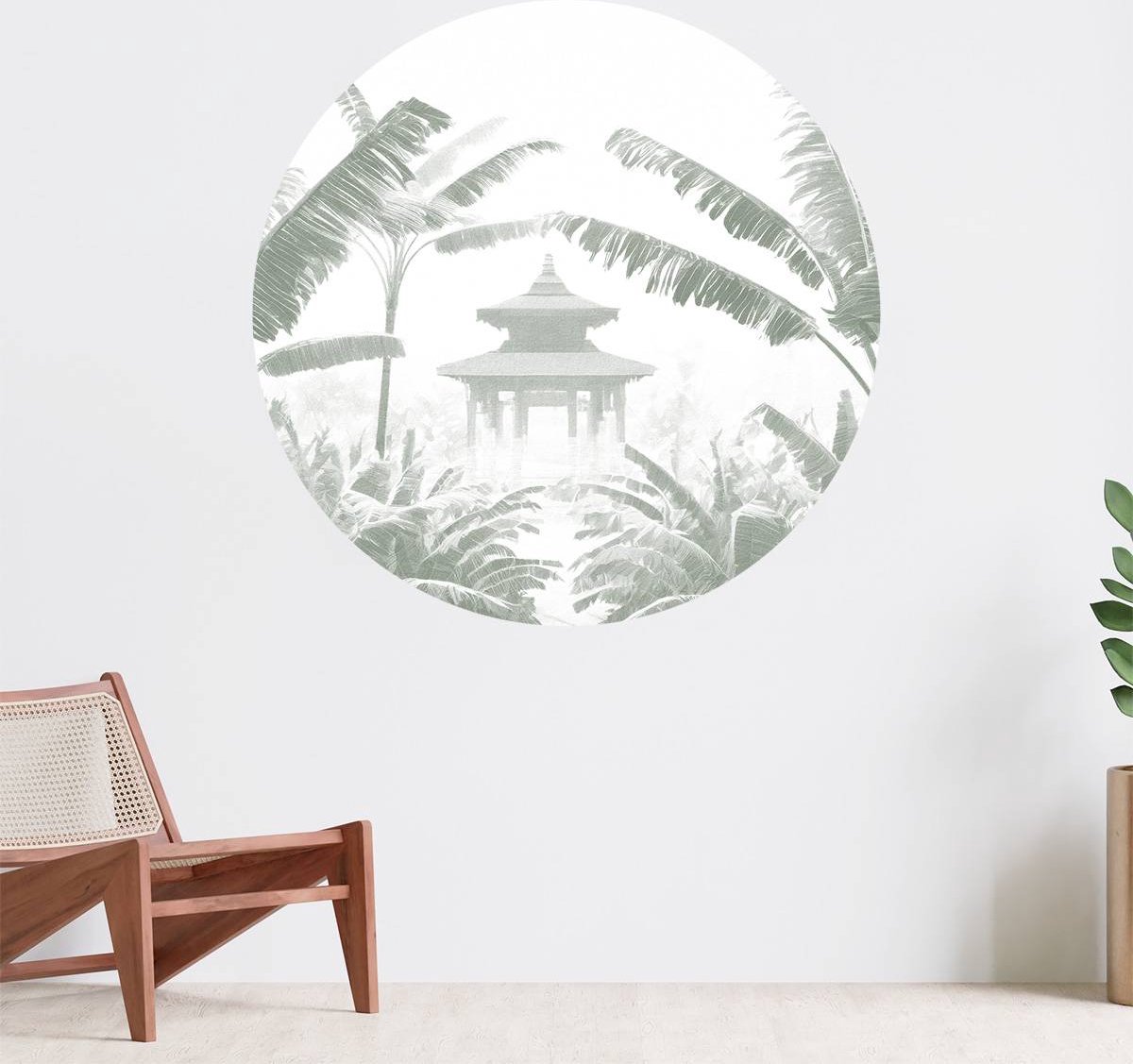 Muurcirkel zelfklevend behang - Mistige Tempeltuin, groen - Wanddecoratie - 080cm behangcirkel - Ronde sticker voor aan de muur - Behangsticker verkrijgbaar in verschillende formaten