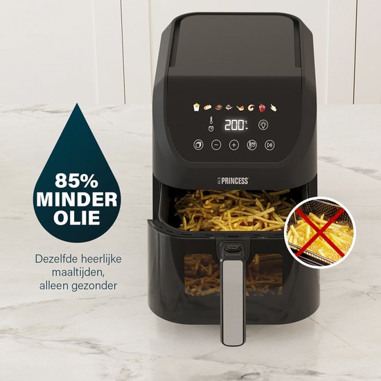 Zwarte Princess heteluchtfriteuse met een mand vol frietjes. Links een grote waterdruppel met de tekst '85% Minder Olie'.
