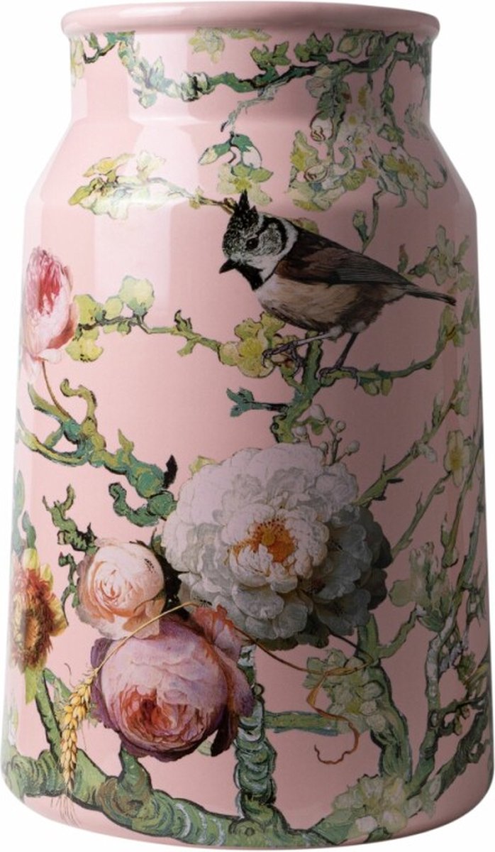Melkbus - vaas - Heinen Delfts Blauw - Bosvogels - Roze - Keramiek - Hoogte 30 cm