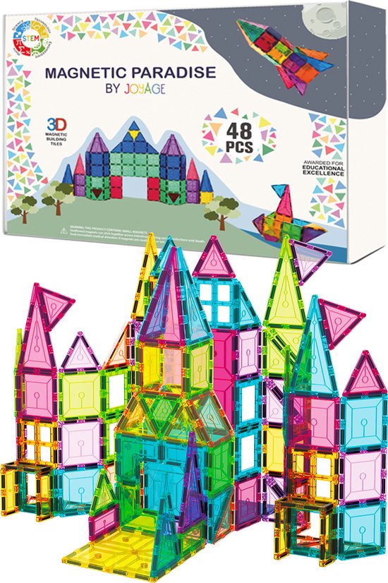 Joyage Magnetic tiles 48st - Magnetische bouwblokken - Montessori speelgoed educatief speelgoed 3 jaar sensorisch speelgoed 4 jaar - Jongens Speelgoed 5 jaar meisjes speelgoed 6 jaar - Sinterklaas voor grote kinderen Speelgoed 7 jaar 8 jaar 9 jaar