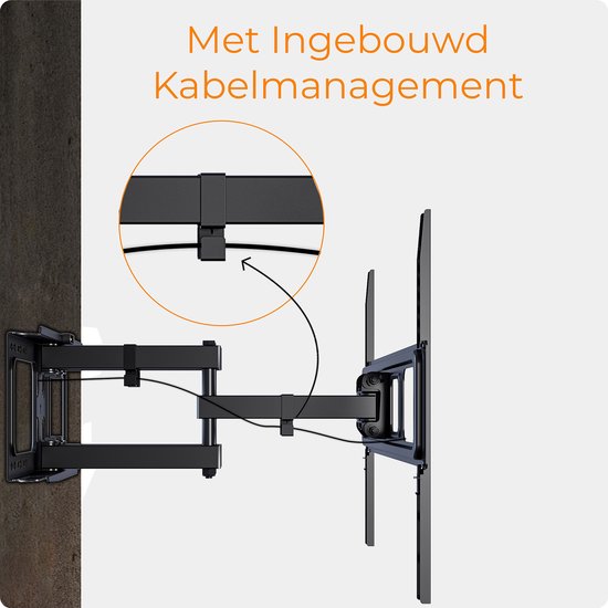 Zwarte tv-muurbeugel aan de muur met ingebouwd kabelmanagementsysteem.