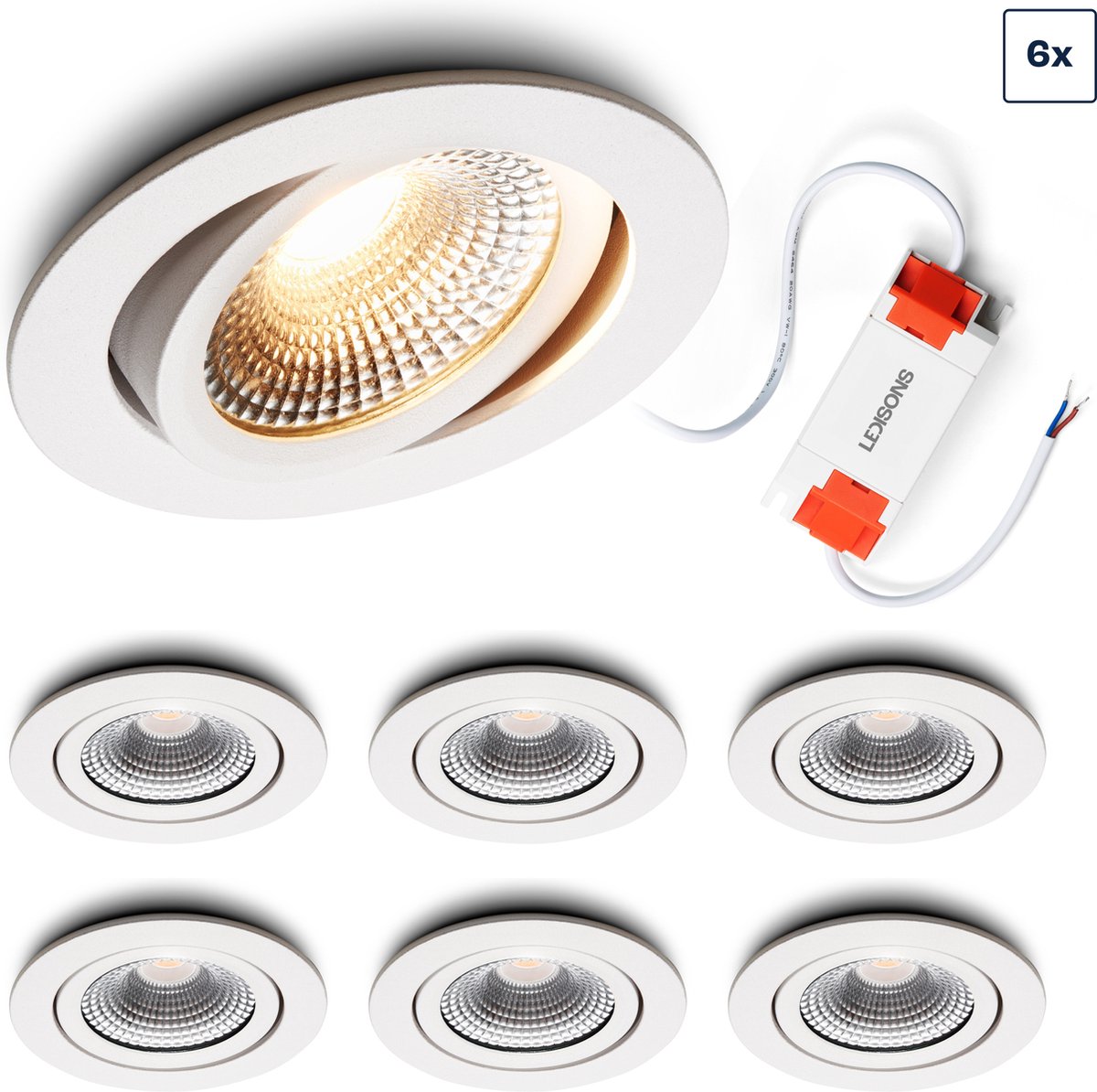 Ledisons LED inbouwspot Vivaro set 6 stuks wit dimbaar Ø85 mm 5 jaar garantie 2700K (extra warm-wit) 450 lumen 5 Watt IP54