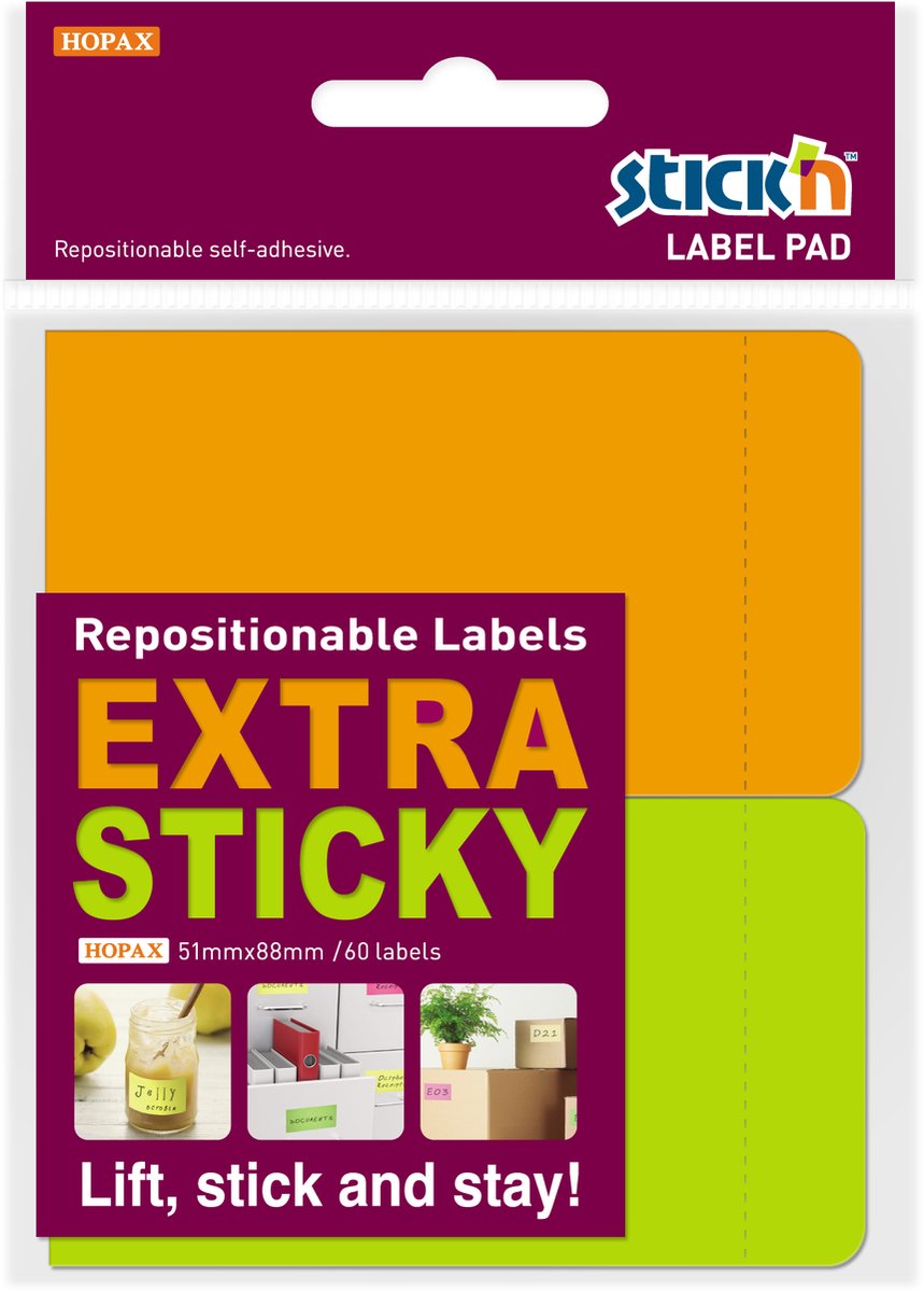 Stick'n Label Etiket - 51x88mm - Extra Sticky - Neon Oranje - Neon Groen - 60 Sticky Notes