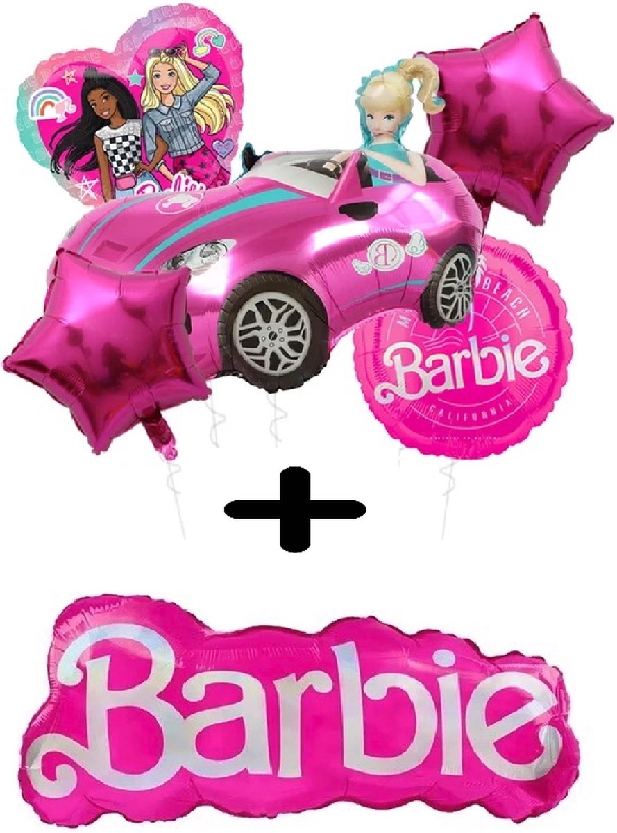 123Feest Barbie ballonnenpakket combi 6 st Roze Auto Tekst Jurk Prinses Thema Meisje Versiering