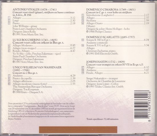 De achterkant van een cd met een lijst met klassieke muziekstukken en componisten.
