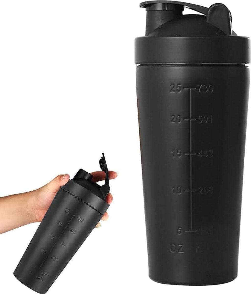 Roestvrijstalen proteïneshaker, 800 ml, shaker, proteïne, shaker, beker met bal, shaker, proteïneshake, roestvrij staal met schaal, voor eiwitten, dieet en fitnessshake, zwart