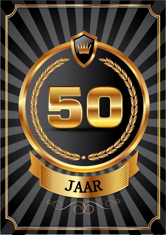 Gouden medaille met '50 JAAR' erop, omrand door lauwerkrans, op een zwart gestreepte achtergrond.