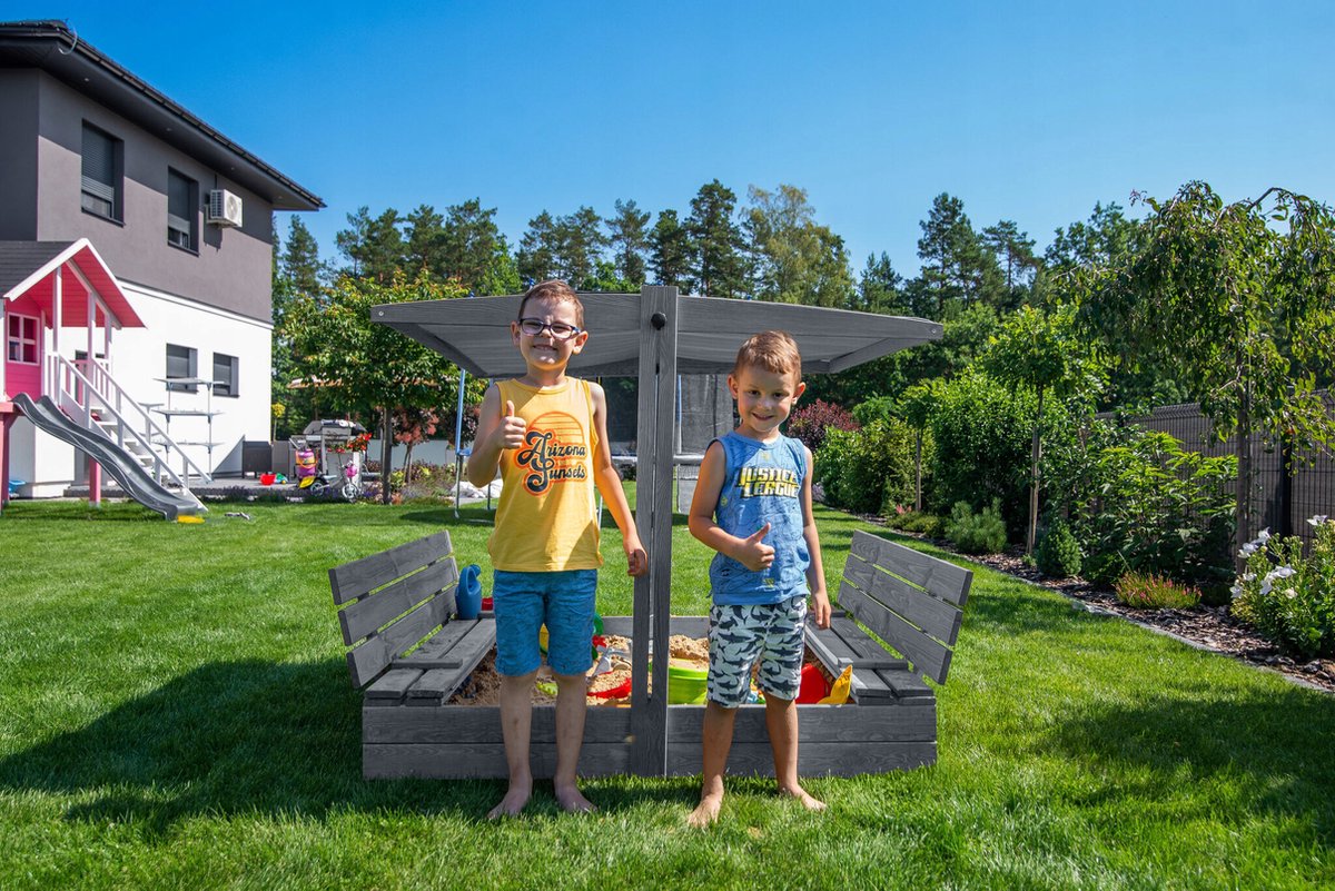 Afsluitbare XL Zandbak met Dak 140x140 cm – Gecertificeerd & Geïmpregneerd Hout | Incl. AFDEKZEIL, GRONDDOEK & Montagevideo | Voor 2-3 Kinderen | Grijs — afbeelding 3