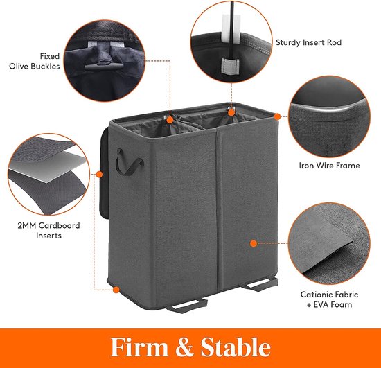 Panier à linge double panier à linge avec couvercle et Paniers à linge amovibles Groot panier à linge sale pliable à 2 séparateurs avec poignée Zwart