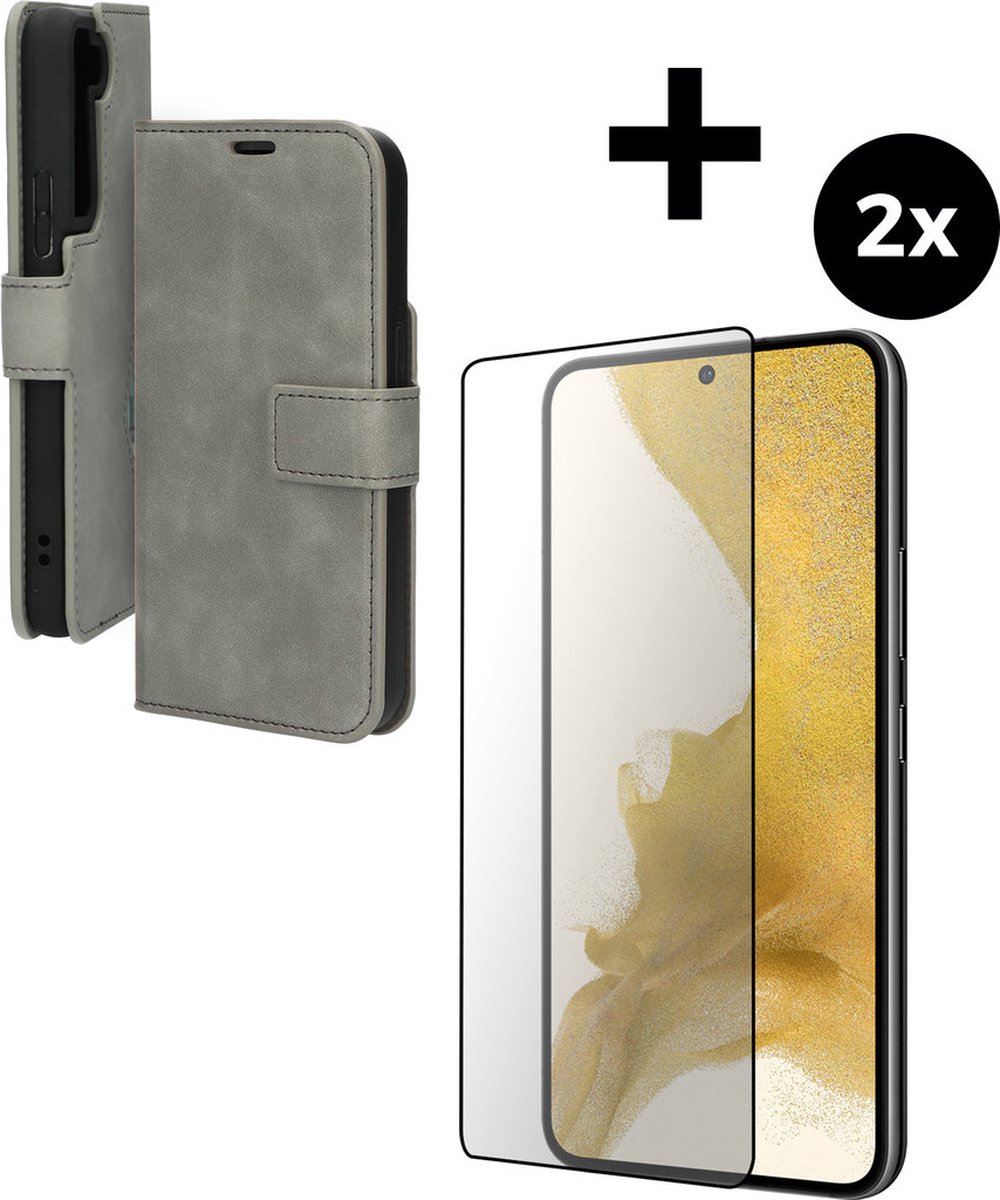 Mobiparts Classic Wallet hoesje geschikt voor Samsung Galaxy S22 met 2 Screenprotectors van Gehard Glas - Grijs