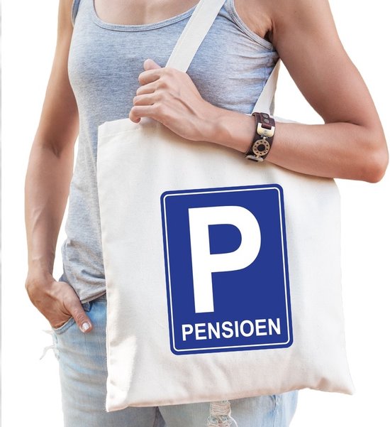 Sac en toile blanc avec un panneau de stationnement bleu avec le texte P PENSIOEN.