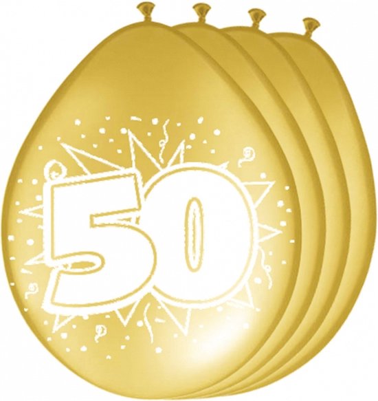 Gouden ballonnen met een witte '50' en confetti print. Vier 50 jaar met deze feestelijke ballonnen.