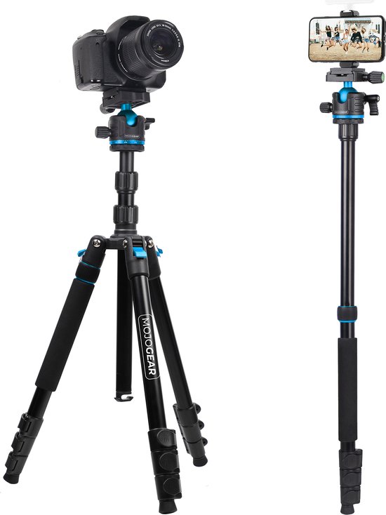 Foto: Mojogear swift fotostatief 175cm met monopod voor camera en smartphone arca swiss inclusief telefoonhouder uitneembare en omkeerbare middenkolom ideaal voor macro en landschapsfotografie afneembare monopod zwart blauw