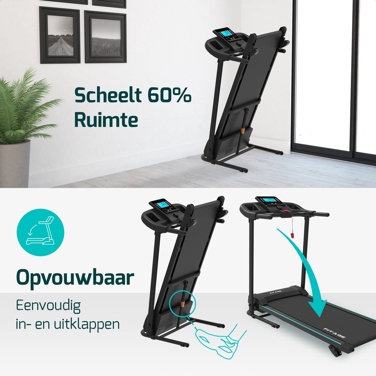 Afbeelding 2 van FITAGE Loopband - Wandelband met Bluetooth - Walking Pad - 12km/u met 3 Incline Levels - Treadmill - Loopbanden Elektrisch