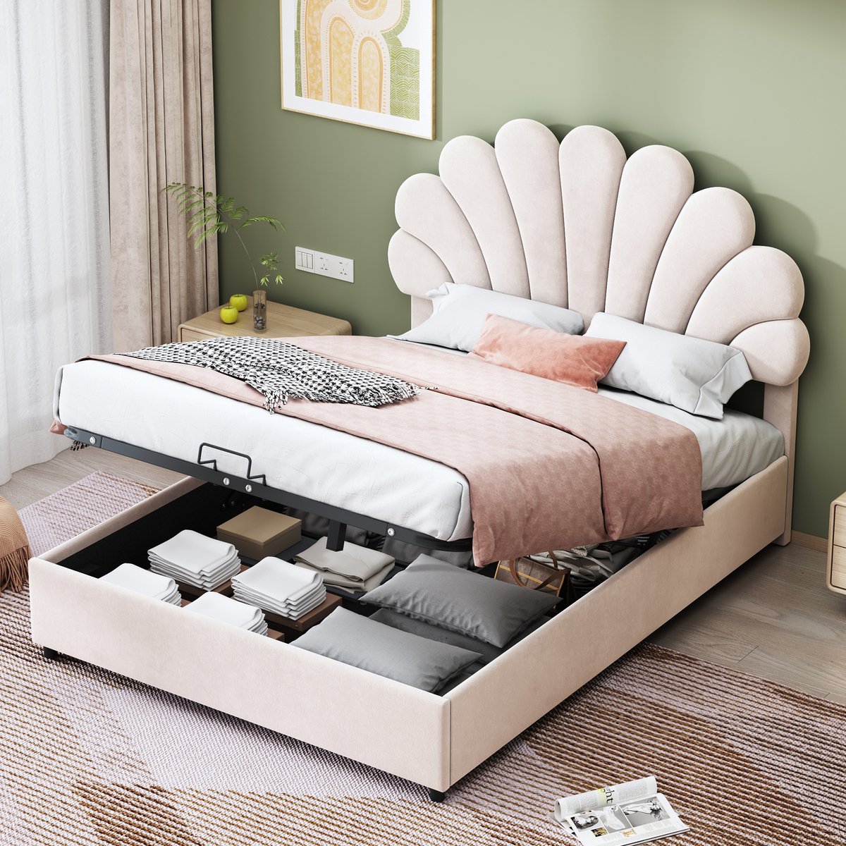 Sweiko 140 x 200 cm Gestoffeerd bed met Bloemhoofdeinde en Vlak noedelsframe, met in hoogte verstelbaar hoofdeinde en hydraulische opbergruimte, kindertweepersoonsbed, huidvriendelijke fluwelen stof, Beige(geen matras)