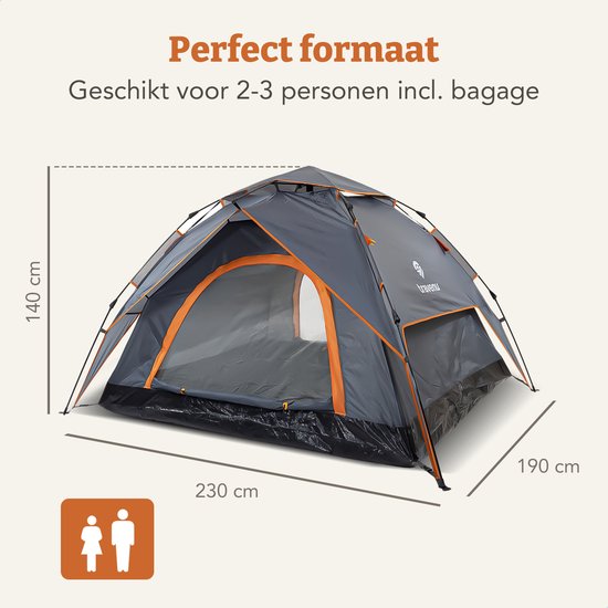 Automatische tent met oranje accenten, afmetingen 230x190x140 cm, geschikt voor 2-3 personen met bagage.