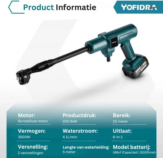 YOFRIDA® - Draadloze Hogedrukreiniger (Inclusief Batterij) - Hogedrukreiniger Accu - Hogedrukreinigers - Hogedrukspuit - Accu Hogedrukreiniger - Draagbare Hogedrukreiniger — afbeelding 5