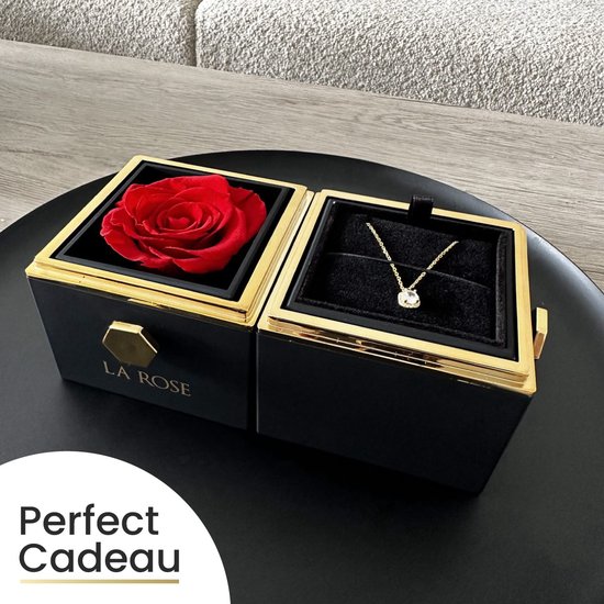 Zwarte juwelendoos met gouden rand, een rode roos en een gouden ketting met zirkonia steen. Tekst 'Perfect Cadeau'.
