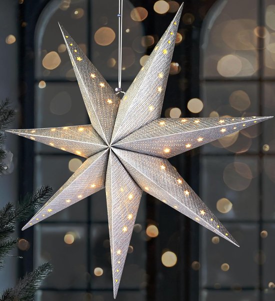 BRUBAKER LED Kerstster om op te Hangen – 60 cm Papieren Ster met 7 Punten – 3D Adventsster – Werkt op Batterijen, Hangend en Verlicht – Raamdecoratie Lichtster – Zilver
