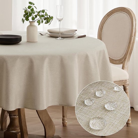 Tafelkleed 180 cm rond structuur linnen-look gecoat water en vuilafstotend lotuseffect #1181 (ecru