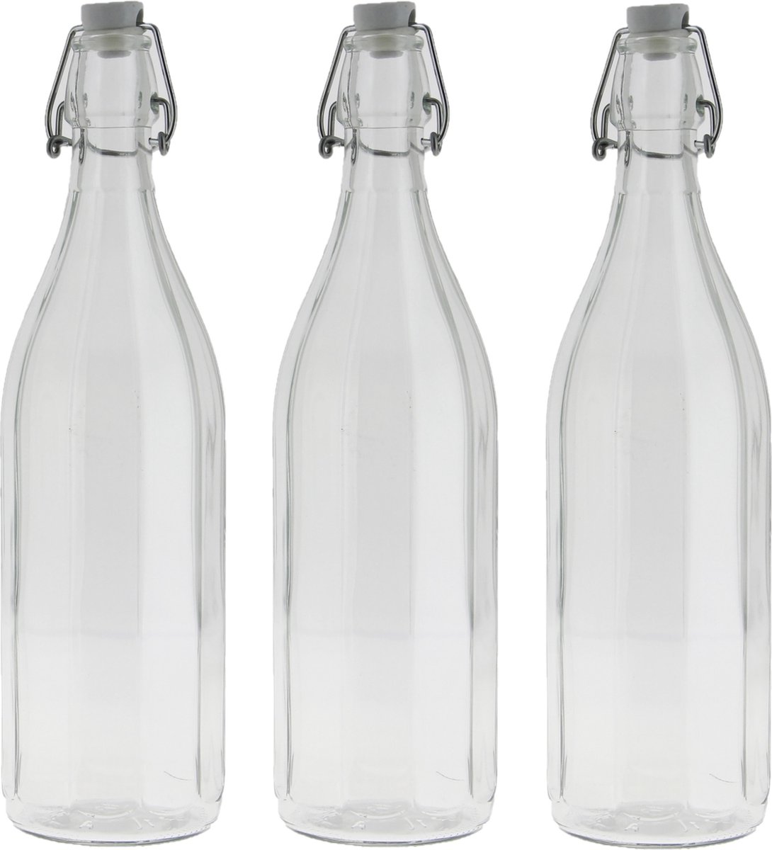 3x Stuks glazen fles transparant met beugeldop 1000 ml - Waterfles - Olie/azijn fles