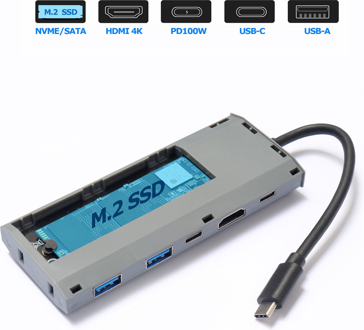 USB-C 6-in-1 - LC-POWER® LC-HUB-C-MULTI-7-M2 Externe Behuizing voor M.2 SSD - 2x USB-A - 1x USB-C - PD (PD 100W) 1x HDMI 4K UHD/FHD