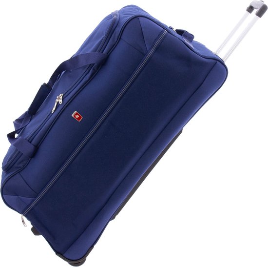 Gekantelde donkerblauwe reistas met trolley handvat, voorvak en wieltjes.