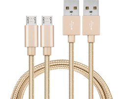 2x Micro USB naar USB A Nylon Gevlochten Kabel Goud - 1 meter - Oplaadkabel voor Huawei MediaPad T5 (10.1" 2018) / MediaPad T3 (10" 2017) / MediaPad M5 Lite (8" 2019) / MatePad T8 (8" 2020)