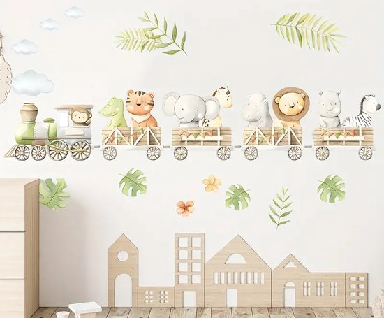 Foto: Bo mila muursticker kinderkamer babykamer jungle safari dieren trein aquarel cartoon 108x52cm jongen meisje