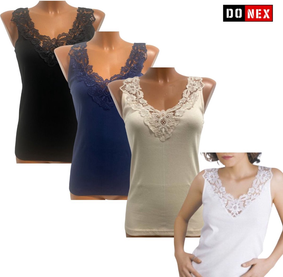 4 Pack dames hemd met Kant - 100% katoen - Mix - Maat XXL