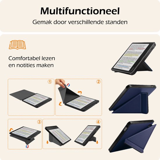 Hoesje Geschikt voor Kobo Libra Colour Hoes Book Case Trifold - Hoes Geschikt voor Kobo Libra Colour Hoesje Book Cover Met Screenprotector - Donkerblauw van Hoesje  — afbeelding 3