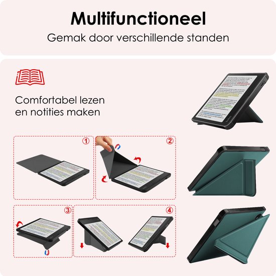 Hoes Geschikt voor Kobo Libra Colour Hoesje Bookcase Cover Book Case Hoes Sleepcover Trifold - Donkergroen van Snammer — afbeelding 3