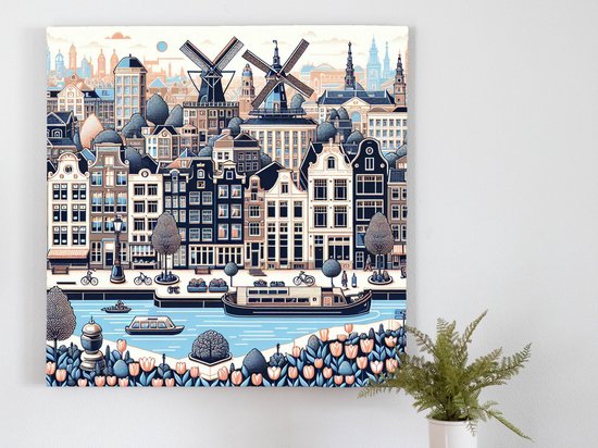 Modern amsterdam schilderij | De bruisende stad: een eigentijdse weergave van Amsterdamse kunst | Kunst - 60x60 centimeter op Canvas | Foto op Canvas