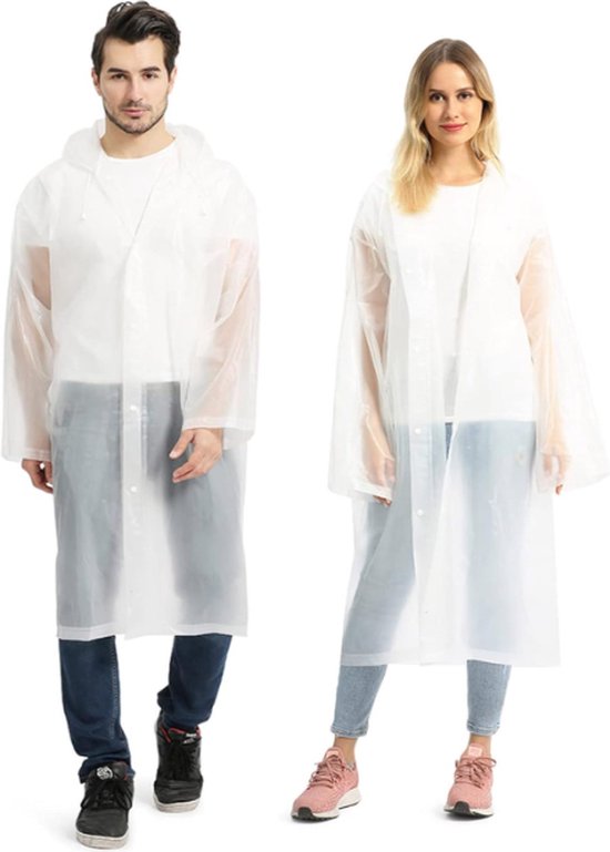 Foto: Regenjas set van 2 stuks regenponcho met capuchon unisex voor dames heren waterdicht fietsponcho lang model regenpak volwassenen regen poncho jas wit