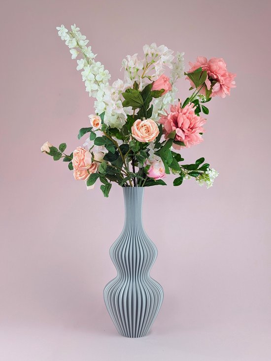 Groot zijden bloemen boeket - 100cm hoog - Kunstbloemen boeket "Peach Blossom" met unieke 3D geprinte vaas - Kleurrijk nep bloemen zijde boeket - Kunstboeket kant-en-klaar gebonden inclusief 3D print vaas