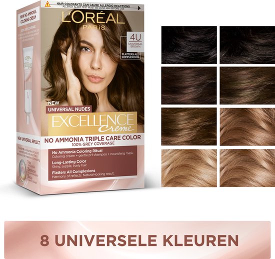 Verpakking van L'Oréal Paris Excellence crème haarverf in de kleur 4U Universeel Bruin. Bevat ook foto's van haar dat gekleurd is met de verschillende tinten.