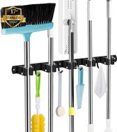 Broom Holder Wall 5 Holders and 4-Hooks Black Heavy Tool Holder Self Adhesive with Nails Installing Garden Tool Holder