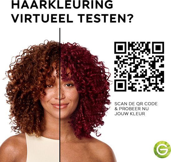 Vrouw met een gedeelde haarkleur: bruin en rood, met QR-code om haarkleur virtueel te testen.
