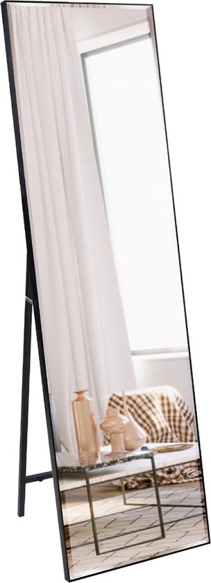 Passpiegel Staand – Staande Spiegel Ook Om Op Te Hangen – Passpiegel Slaapkamer – Wandspiegel Rechthoek – Full Body Spiegel Met Zwart Frame - 140 x 41 cm - Voor Slaapkamer, Woonkamer, Badkamer