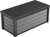 Kussenbox 454 liter volume waterdicht grafiet houtlook zitbank voor 2 volwassenen (max. 300 kg) 145 x 697 x 603 cm multifunctionele kist met opbergruimte
