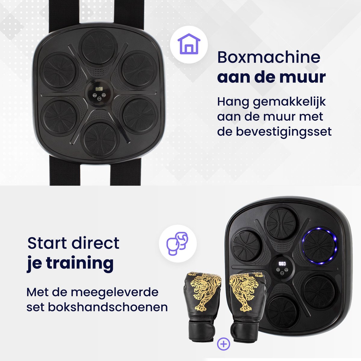 FOOING Muziekboxmachine, smart punching machine met 10 snelheden en 10 modi, bluetooth & ledlicht, muziekboxspelapparaat met bokshandschoenen, trainingsapparaat voor stressvermindering