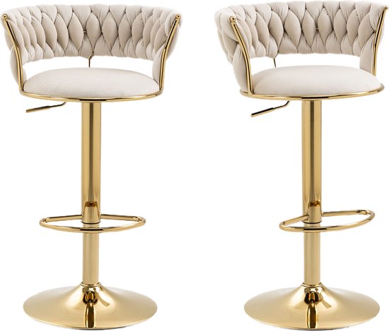Merax Set de 2 Tabourets de bar de Luxe – Tabouret de bar – Chaise de bar avec repose-pieds et dossier – Beige avec or