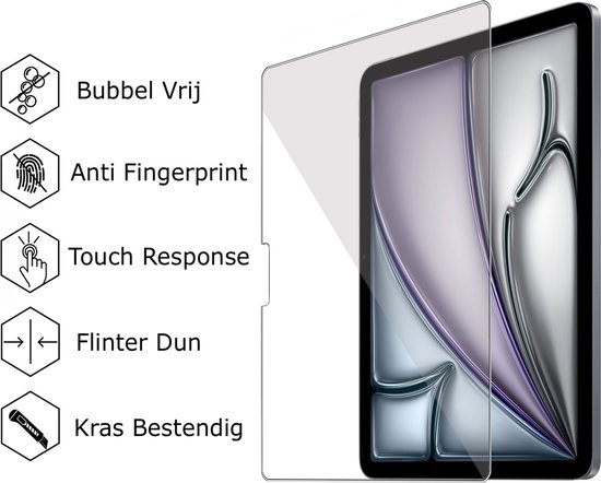 Transparante screenprotector met 'Bubbel Vrij', 'Anti Fingerprint', 'Touch Response', 'Flinter Dun' en 'Kras Bestendig' iconen.